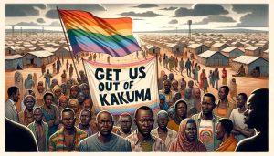 Get us out of Kakuma pride flag crowd portrait