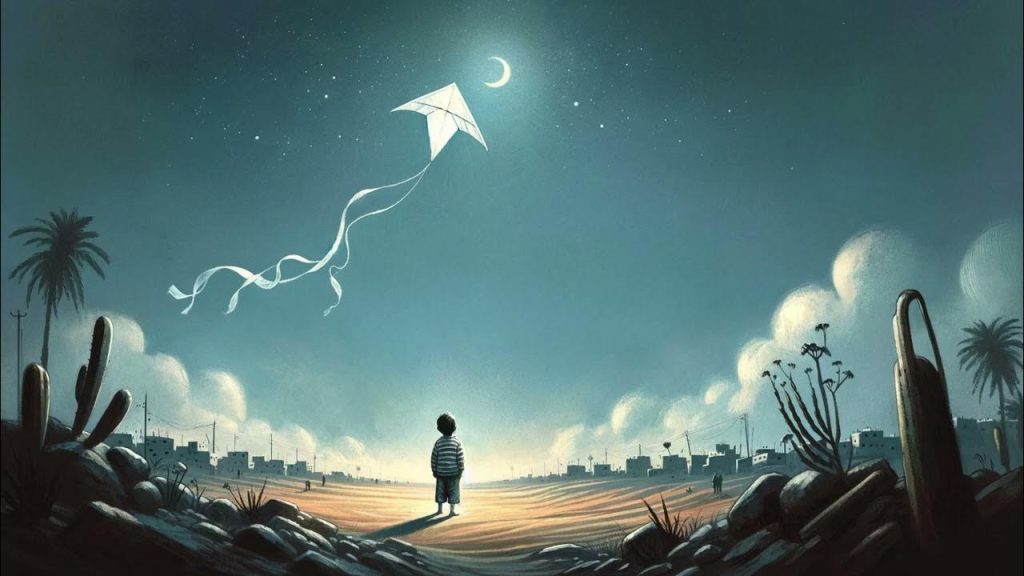 child alone in bare field of ruins white kite in night sky