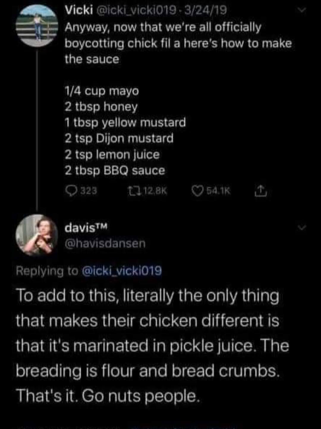 Twitter thread with recipe for Chick-fil-A sauce and how to make their chicken